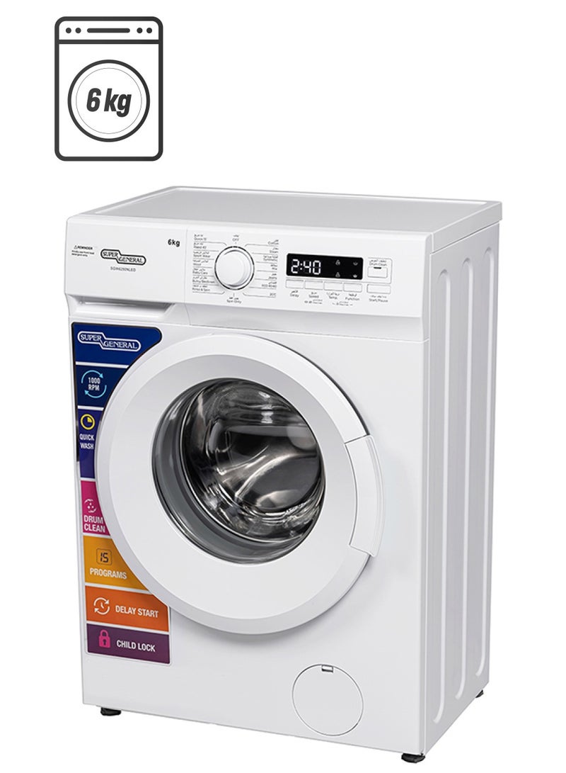 SUPER GENERAL 6Kg 1000 RPM Front Load Washing Machine LED Display With 5 Star Energy Efficient 15 Wash Programs Child Lock And Quick Wash 6 kg SGW6250NLED White - Image 1