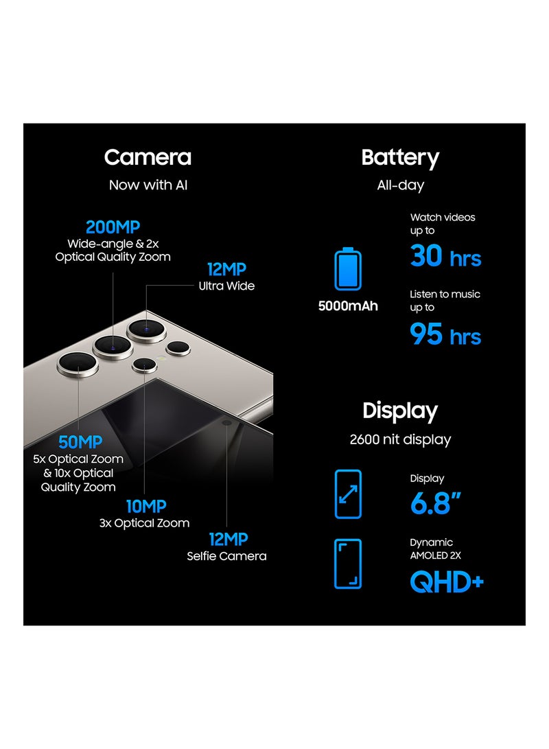 هاتف Galaxy S24 Ultra ثنائي شريحة الاتصال بلون رمادي تيتانيوم وذاكرة وصول عشوائي (RAM) سعة 12 جيجابايت وذاكرة تخزين داخلية 256 جيجابايت يدعم تقنية 5G مع حافظة بمقبض قائم باللون الرمادي الداكن، سماعات Buds 2 Pro - إصدار الشرق الأوسط - pnsku/N70035293V/45/_/1705395212/5419655c-8e81-488e-9c7c-c74aa93aebb6