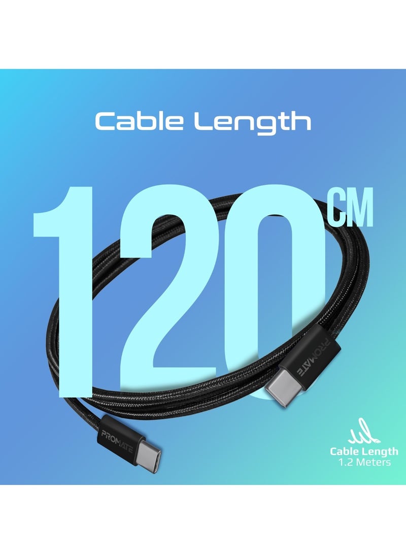 PROMATE USB-C To USB-C Cable, Premium 60W Power Delivery Fast Charging Cable With 480Mbps Data Sync And 120cm Anti-Tangle Nylon Braided Cord For iPhone 16, Galaxy S25, iPad Air, Dell XPS 17, EcoLine-CC120 - Black  - Image 3
