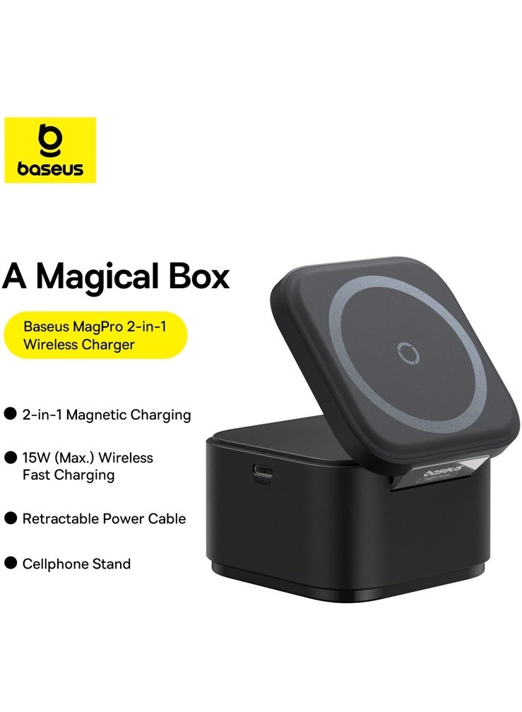 Baseus - 2 In 1 Magnetic Wireless Charging Station For Multiple Apple Devices Portable 25W Fast MagSafe Wireless Phone Charger Stand For iPhone 15/14/13/12 Series/Earbuds With USB-C Output For iWatch Charger Black - Image 1