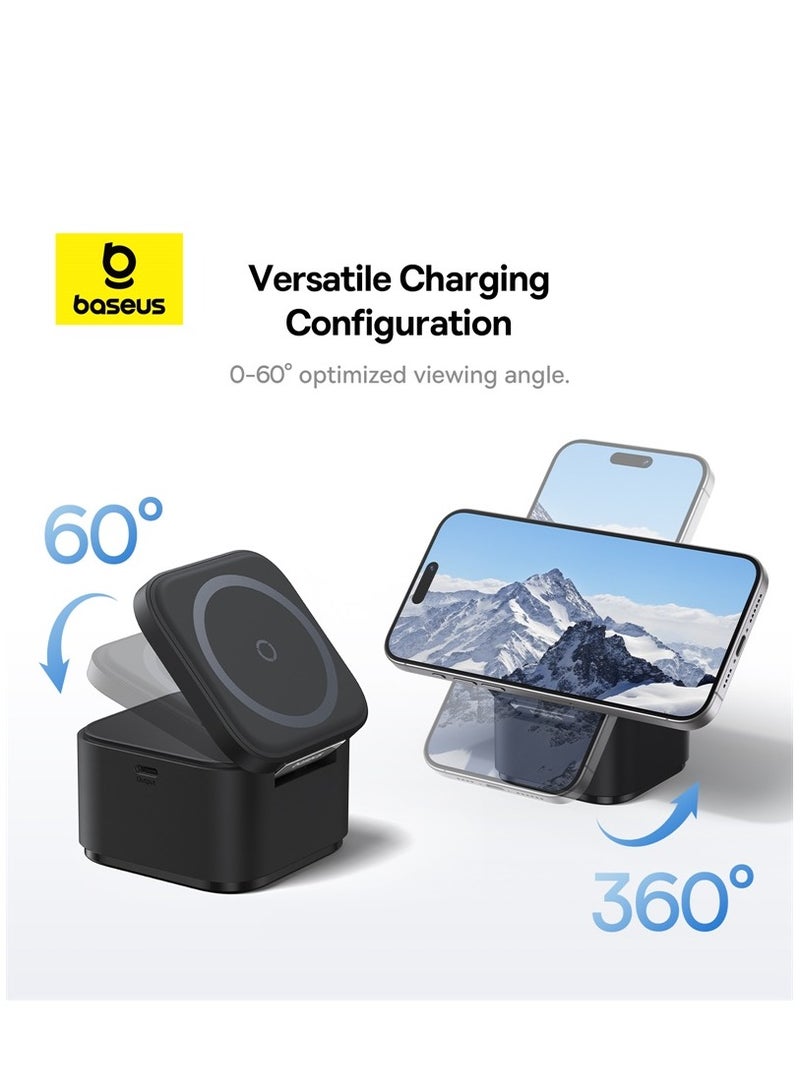 Baseus - 2 In 1 Magnetic Wireless Charging Station For Multiple Apple Devices Portable 25W Fast MagSafe Wireless Phone Charger Stand For iPhone 15/14/13/12 Series/Earbuds With USB-C Output For iWatch Charger Black - Image 1