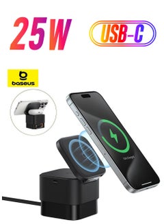 2 In 1 Magnetic Wireless Charging Station For Multiple Apple Devices Portable 25W Fast MagSafe Wireless Phone Charger Stand For iPhone 15/14/13/12 Series/Earbuds With USB-C Output For iWatch Charger Black