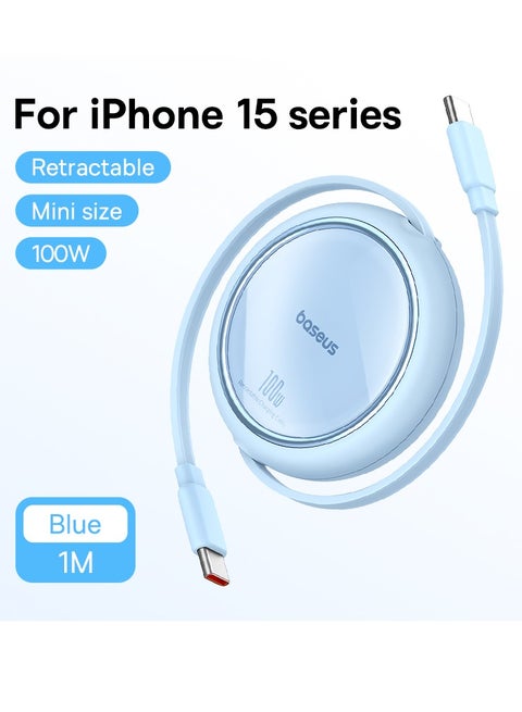 Retractable USB C Cable, Mini 100W USB C To USB-C PD 5A Fast Charging Cord 4-Stage Length Preset USB Type C Charger Cable For iPhone 15/Pro/Plus/Pro Max, MacBook, iPad Pro, Samsung S23/Switch Blue