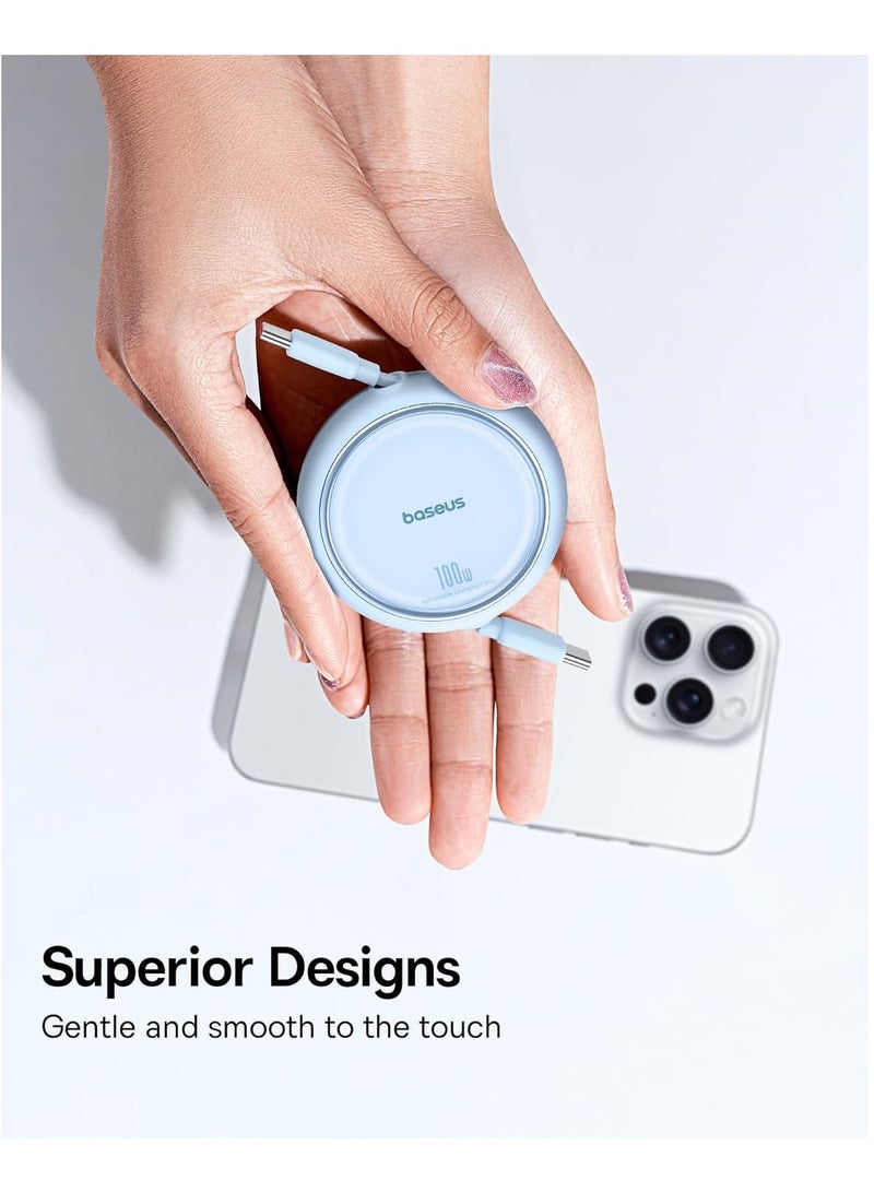 Retractable USB C Cable, Mini 100W USB C To USB-C PD 5A Fast Charging Cord 4-Stage Length Preset USB Type C Charger Cable For iPhone 15/Pro/Plus/Pro Max, MacBook, iPad Pro, Samsung S23/Switch Blue