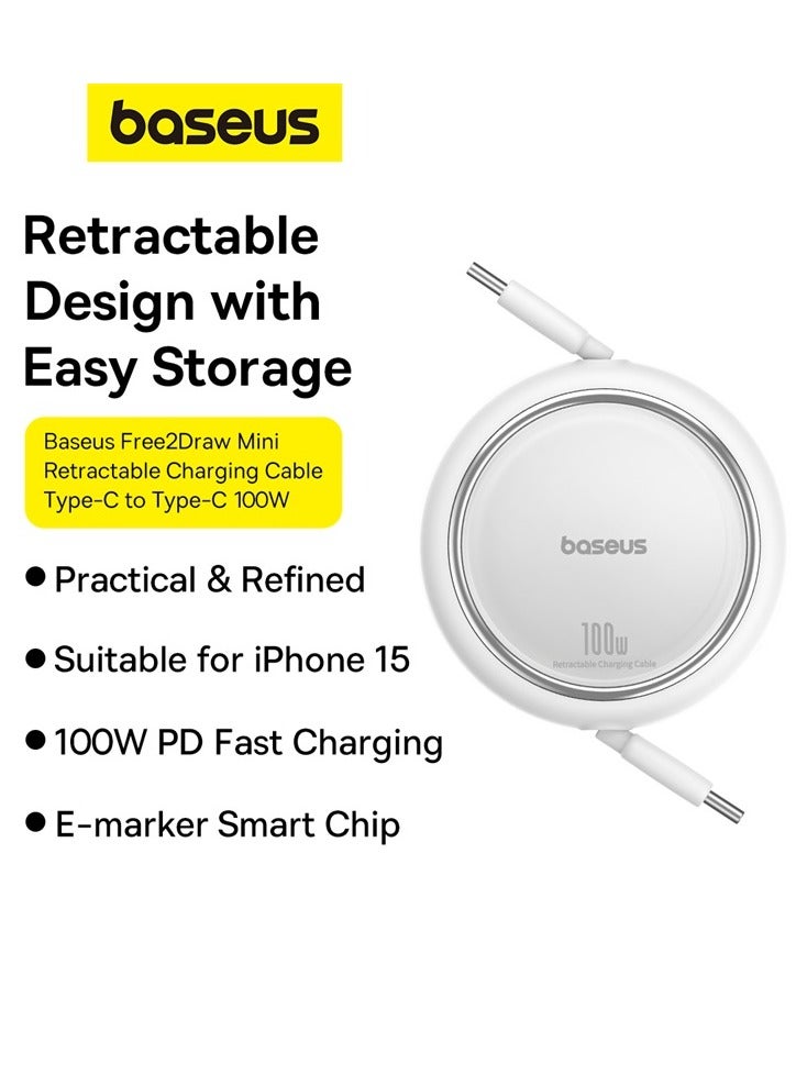 Baseus - Retractable USB C Cable, Mini 100W USB C To USB-C PD 5A Fast Charging Cord 4-Stage Length Preset USB Type C Charger Cable For iPhone 15/Pro/Plus/Pro Max, MacBook, iPad Pro, Samsung S23/Switch White - Image 1