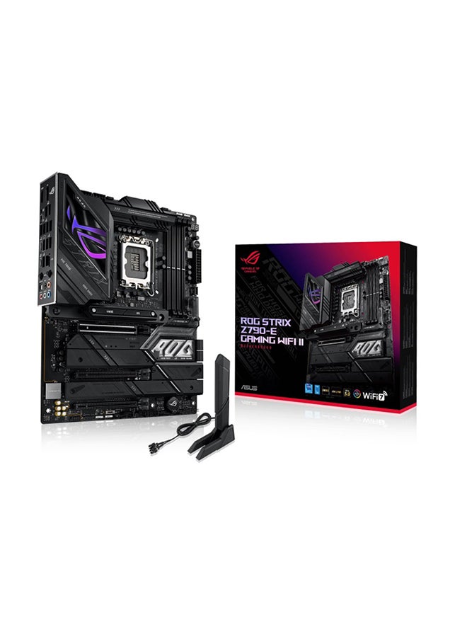 ASUS - ROG STRIX Z790-E GAMING Wi-Fi II LGA 1700 ATX Motherboard, Intel Z790 Chipset, 4x DDR5 DIMM &192GB Max, Wi-Fi 7 / BT v5.4 / 2.5Gb Eth PCIe 5.0, 5 x M.2, USB Type-C /A, HDMI / DP | 90MB1FC0-M0EAY0 Black - Image 1