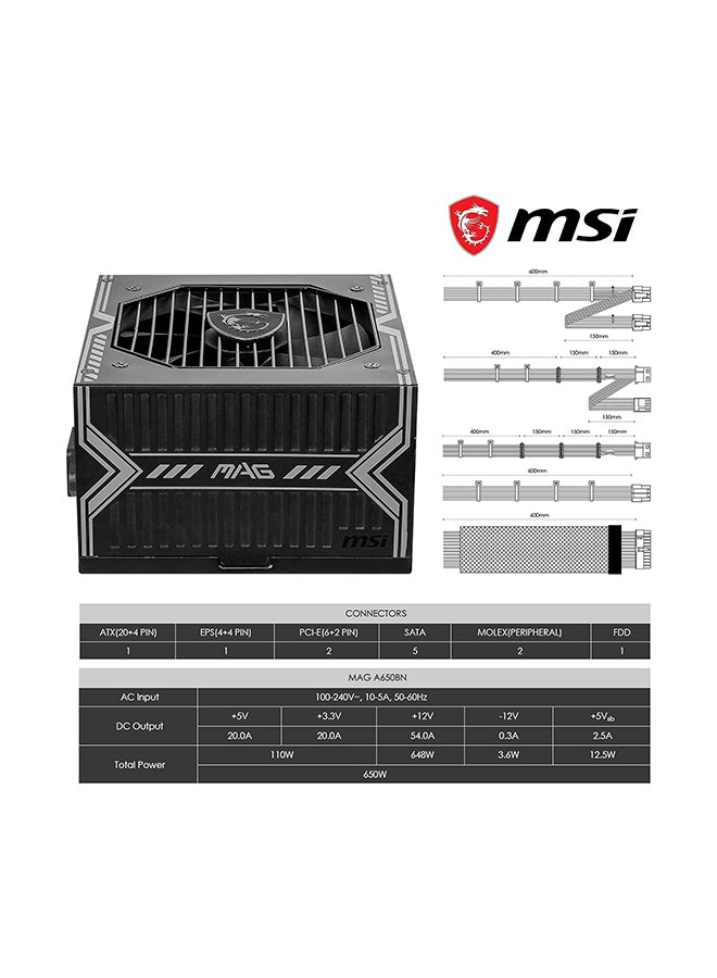MSI MAG A650BN 650W 80Plus Bronze ATX Power Supply, DC-DC Circuit Design, 120 mm Fan Size, Active PFC, 100-240Vac, ATX Compatibility| 306-7ZP2B18-CE0 Black  - Image 5