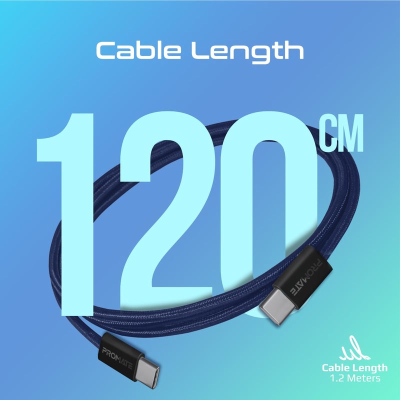 PROMATE USB-C To USB-C Cable, Premium 60W Power Delivery Fast Charging Cable With 480Mbps Data Sync And 120Cm Anti-Tangle Nylon Braided Cord For iPhone 16, Galaxy S25, iPad Air, Dell XPS 17, EcoLine-CC120 - Navy  - Image 3