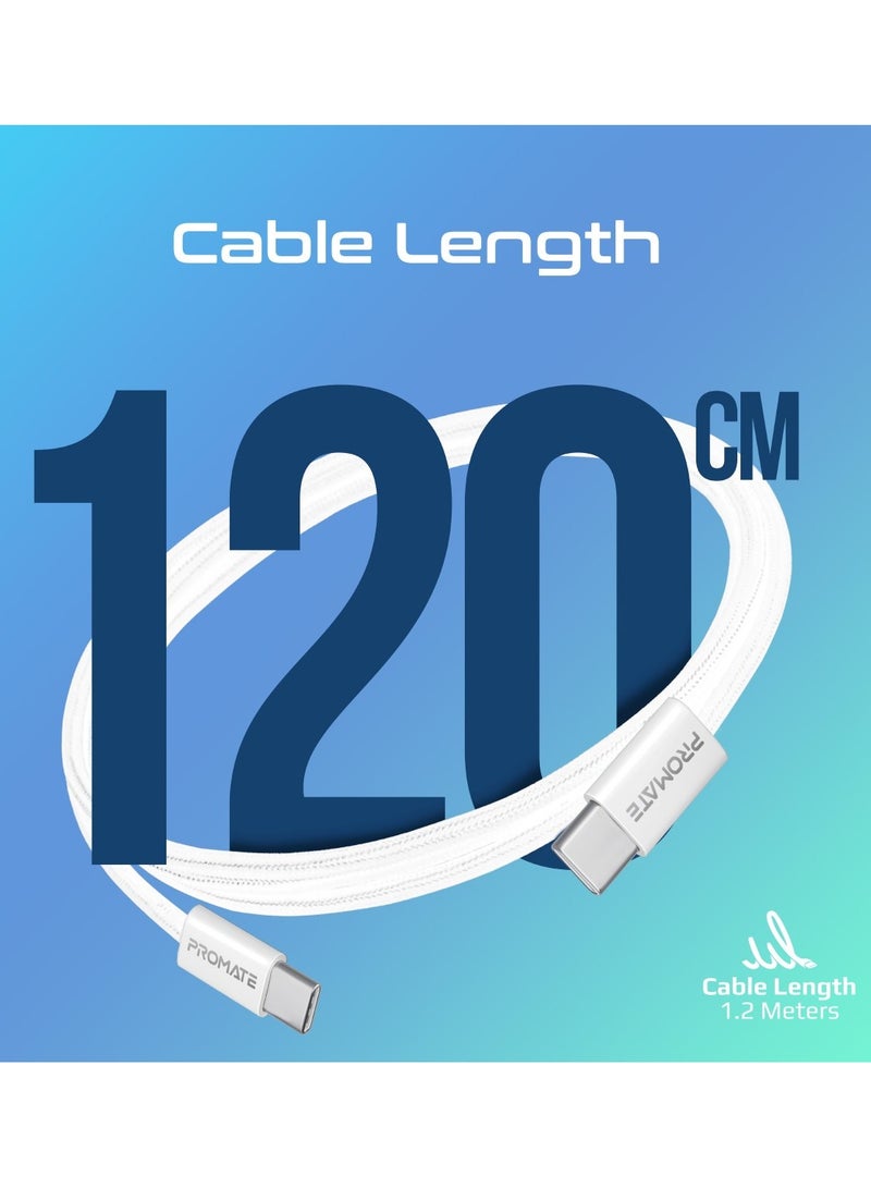 PROMATE USB-C To USB-C Cable, Premium 60W Power Delivery Fast Charging Cable With 480Mbps Data Sync And 120Cm Anti-Tangle Nylon Braided Cord For iPhone 16, Galaxy S25, iPad Air, Dell XPS 17, EcoLine-CC120 - White  - Image 3