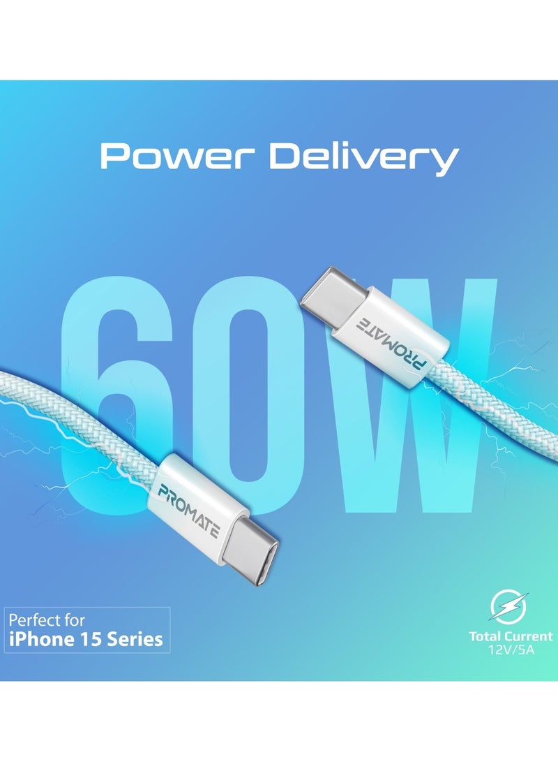 PROMATE USB-C To USB-C Cable, Premium 60W Power Delivery Fast Charging Cable With 480Mbps Data Sync And 120Cm Anti-Tangle Nylon Braided Cord For iPhone 16, Galaxy S25, iPad Air, Dell XPS 17, EcoLine-CC120 - White  - Image 2