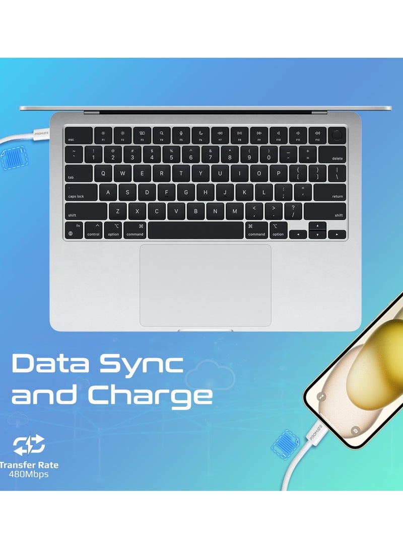 PROMATE USB-C To USB-C Cable, Premium 60W Power Delivery Fast Charging Cable With 480Mbps Data Sync And 120Cm Anti-Tangle Nylon Braided Cord For iPhone 16, Galaxy S25, iPad Air, Dell XPS 17, EcoLine-CC120 - White  - Image 4