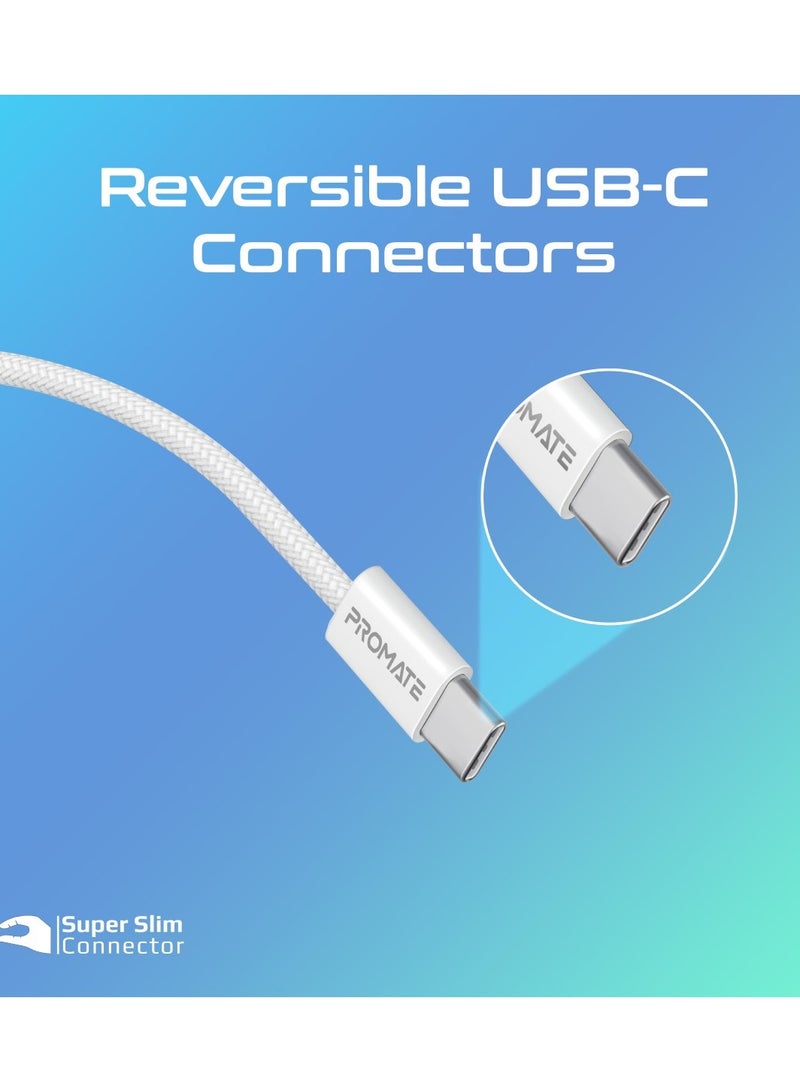 PROMATE USB-C To USB-C Cable, Premium 60W Power Delivery Fast Charging Cable With 480Mbps Data Sync And 120Cm Anti-Tangle Nylon Braided Cord For iPhone 16, Galaxy S25, iPad Air, Dell XPS 17, EcoLine-CC120 - White  - Image 5