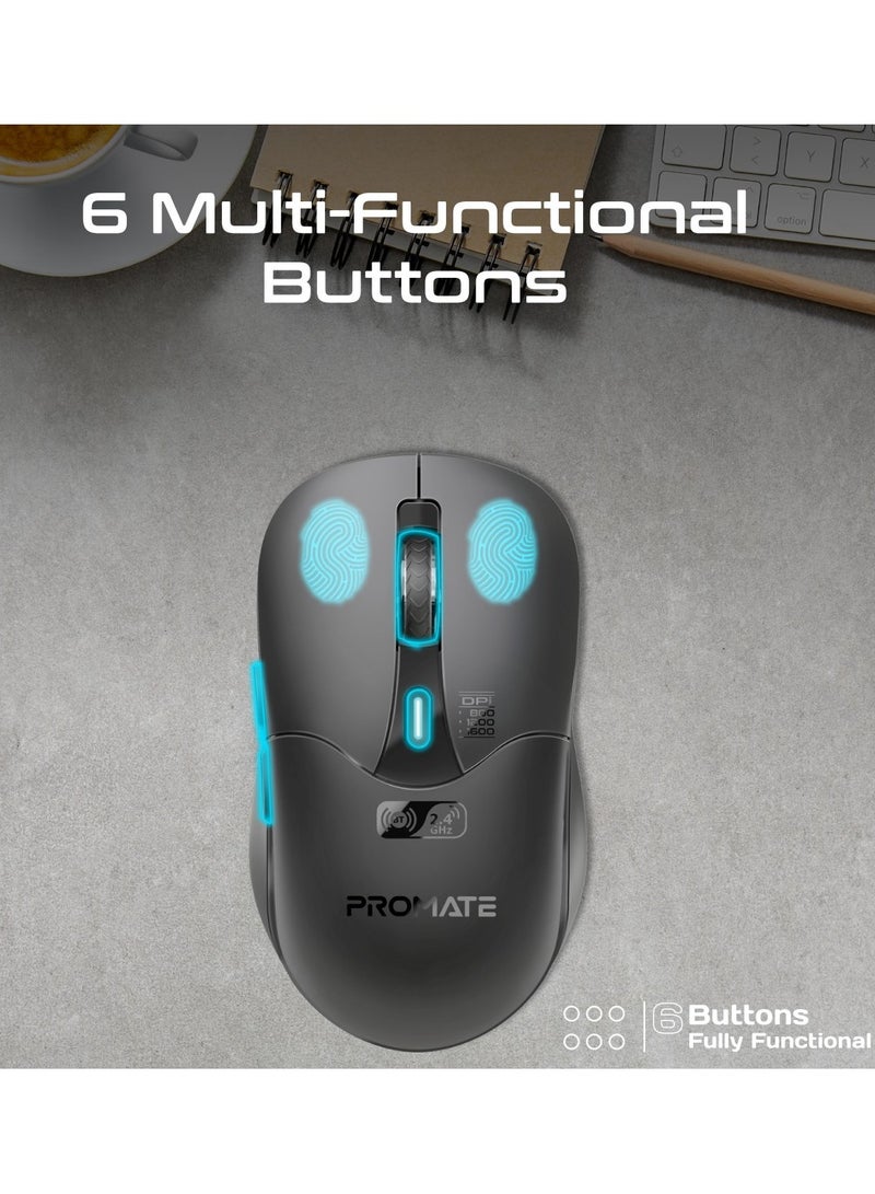 PROMATE - Wireless Mouse, Ergonomic 500mAh Rechargeable Mice With Dual Mode Connectivity, Bluetooth v5.1, 2.4Ghz Transmission, Adjustable 1600DPI, 6 Functional Buttons For MacBook Air, Dell XPS 13, Asus, Samo Black - Image 1