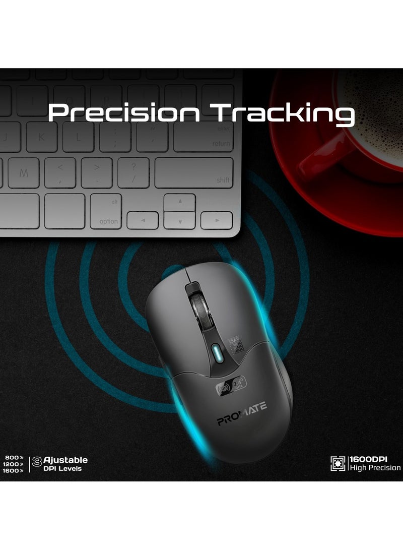 PROMATE - Wireless Mouse, Ergonomic 500mAh Rechargeable Mice With Dual Mode Connectivity, Bluetooth v5.1, 2.4Ghz Transmission, Adjustable 1600DPI, 6 Functional Buttons For MacBook Air, Dell XPS 13, Asus, Samo Black - Image 1