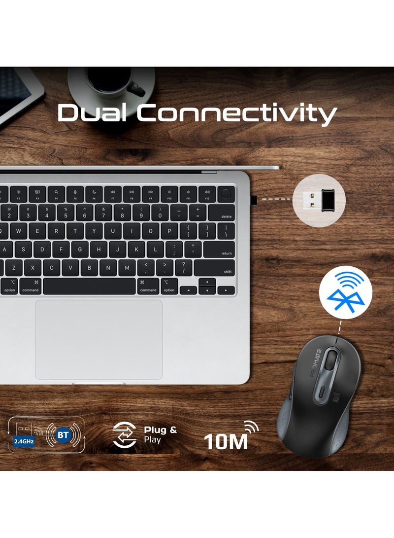 PROMATE - Wireless Mouse, Ergonomic Ambidextrous Wireless Mice With Dual Mode Connectivity, Bluetooth v5.3, 2.4Ghz Transmission, Adjustable 1600DPI, 150H Working Time For MacBook Air, Dell XPS 13, Asus, Ken Black - Image 1