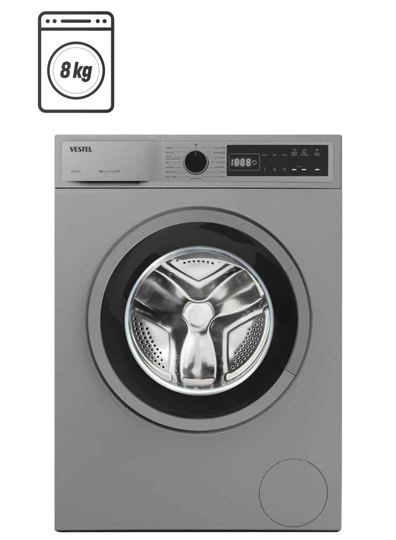 VESTEL Fully Automatic Front load Washing Machine Made In Turkey 1000 RPM ESMA Certified A Energy 15 Programs LED Screen 1 Years Warranty 8 kg W810T2-DSS Dark Silver 