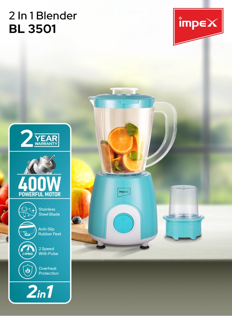 Impex - Blender 2 In 1 Mixer Grinder, Powerful Motor, Speed Control With Pulse, Over Heat Protection 1.4 L 400 W BL 3501 Blue - Image 1