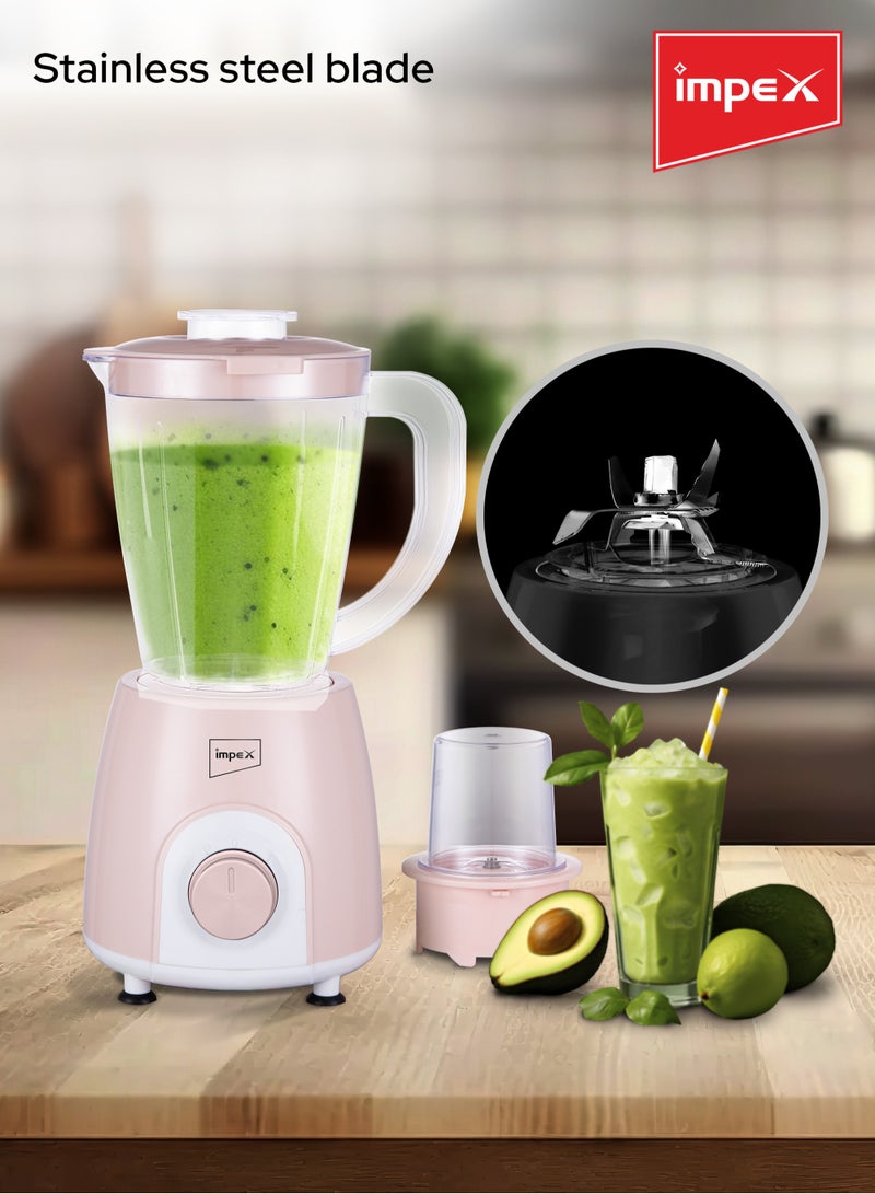 Impex - Blender 2 In 1 Mixer Grinder, Powerful Motor, Speed Control With Pulse, Over Heat Protection 400 W BL 3501 Pink - Image 1