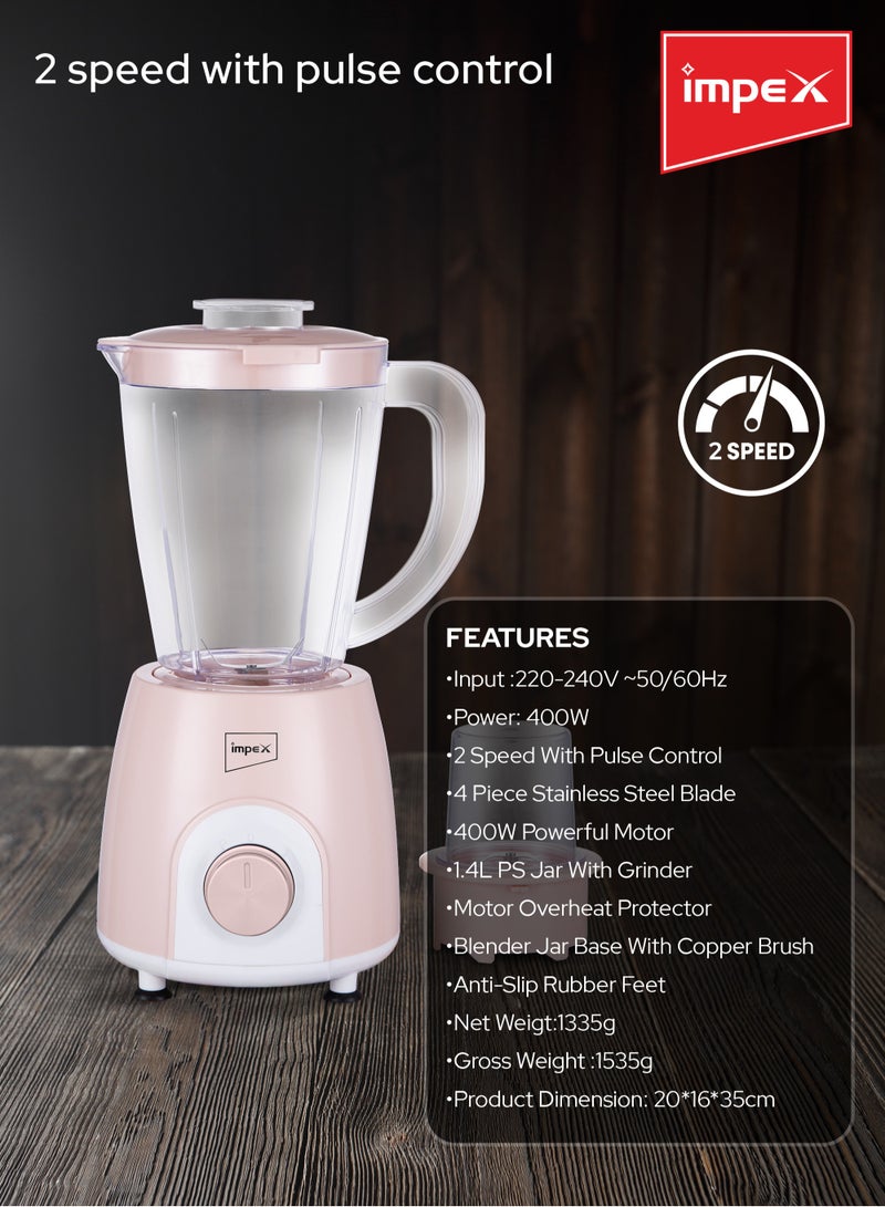 Impex - Blender 2 In 1 Mixer Grinder, Powerful Motor, Speed Control With Pulse, Over Heat Protection 400 W BL 3501 Pink - Image 1