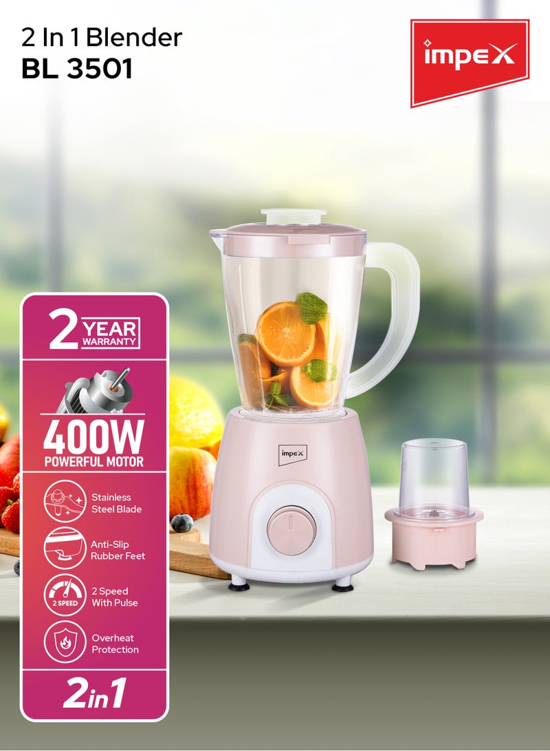 Impex - Blender 2 In 1 Mixer Grinder, Powerful Motor, Speed Control With Pulse, Over Heat Protection 400 W BL 3501 Pink - Image 1