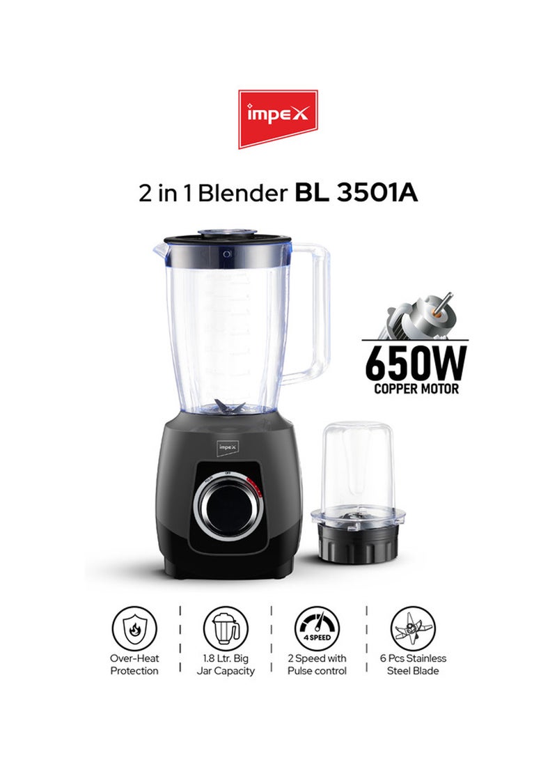 Impex 2-in-1 Electric Blender | Mixer Grinder With 1.8L Blender Jar + Grinder Jar | Countertop Blender With 2 Speeds + Pulse Control | 6 Stainless Steel Blades, Powerful Motor with Overheat Protection, Safety Switch | Durable & Easy to Use 1.8 L 650 W BL3501A Black - Image 1