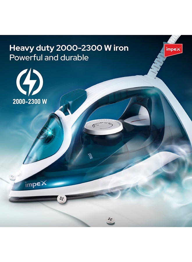 Impex Electric Steam Iron Box, 2000-2300W Power, Non-Stick Ceramic Coated Sole Plate, Super Water Spray, Overheat Protection, 5 temperature settings for different textiles, 360 Swivel Cord 500 ml 2300 W IBS 402 Blue & White - Image 3