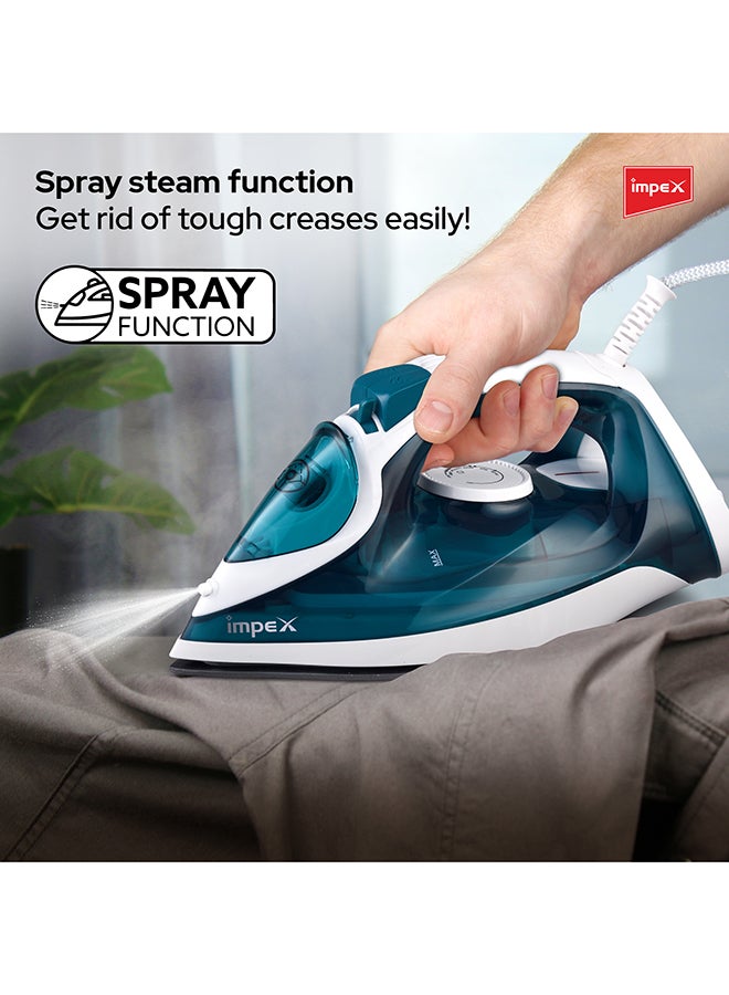 Impex Electric Steam Iron Box, 2000-2300W Power, Non-Stick Ceramic Coated Sole Plate, Super Water Spray, Overheat Protection, 5 temperature settings for different textiles, 360 Swivel Cord 500 ml 2300 W IBS 402 Blue & White - Image 4