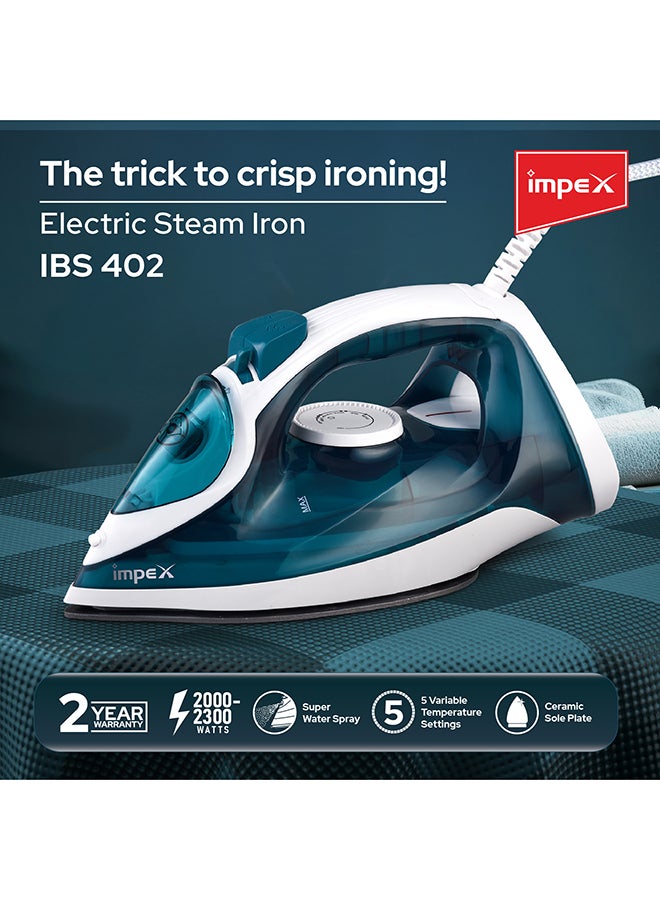 Impex Electric Steam Iron Box, 2000-2300W Power, Non-Stick Ceramic Coated Sole Plate, Super Water Spray, Overheat Protection, 5 temperature settings for different textiles, 360 Swivel Cord 500 ml 2300 W IBS 402 Blue & White - Image 2