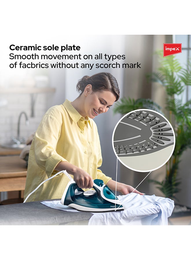 Impex Electric Steam Iron Box, 2000-2300W Power, Non-Stick Ceramic Coated Sole Plate, Super Water Spray, Overheat Protection, 5 temperature settings for different textiles, 360 Swivel Cord 500 ml 2300 W IBS 402 Blue & White - Image 5