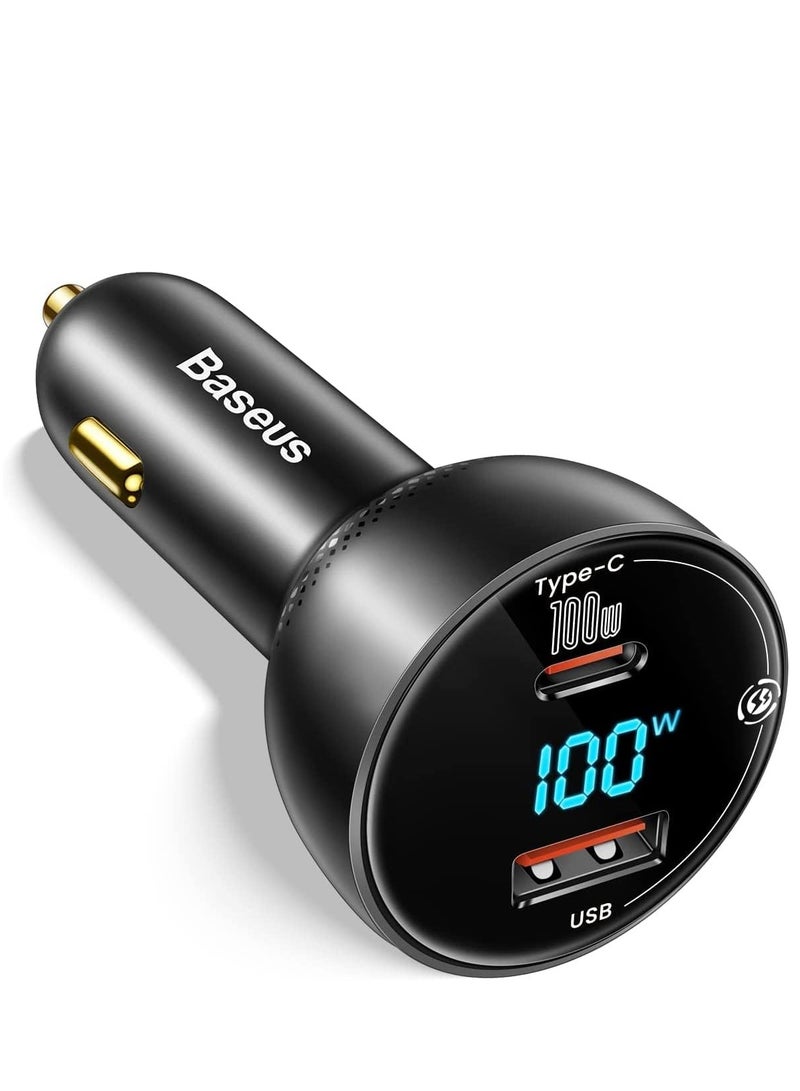 Baseus USB C Car Charger 100W PD3.0 QC4.0 2-Ports Fast Charging LED Cigarette Lighter USB Charger Adapter Compatible With Samsung/iPhone 15 Pro/Max/Plus/Huawei/iPad/MacBook Pro/Air/Tablet/Laptop Black  - Image 1
