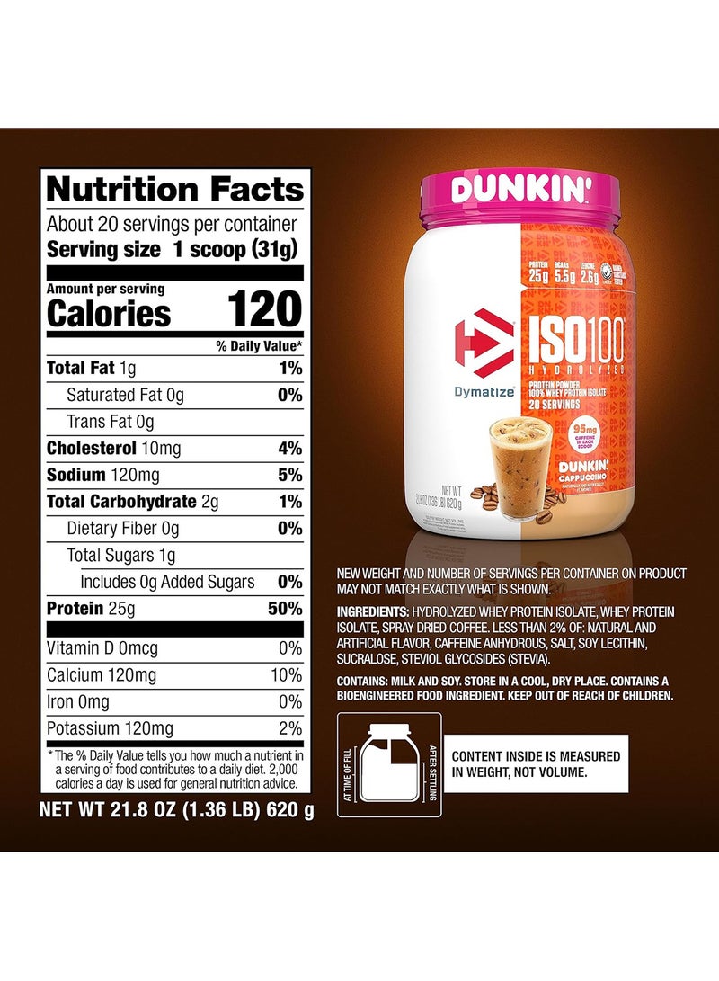 Dymatize Dy ISO 100 1.3lb Dunkin Cappuccino 20 serving  - Image 2
