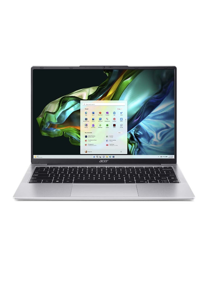 أيسر - لابتوب أسباير لايت AL14 بشاشة مقاس 14 بوصة ومعالج كور i3-N300 وذاكرة وصول عشوائي رام 8 جيجابايت ومحرك أقراص اس اس دي سعة 512 جيجابايت وبطاقة رسومات إنتل فائقة الوضوح ونظام تشغيل ويندوز 11 هوم الإنجليزية/العربية فضي - Image 1