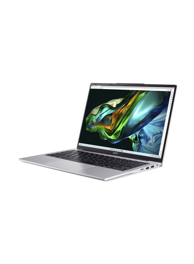 أيسر - لابتوب أسباير لايت AL14 بشاشة مقاس 14 بوصة ومعالج كور i3-N300 وذاكرة وصول عشوائي رام 8 جيجابايت ومحرك أقراص اس اس دي سعة 512 جيجابايت وبطاقة رسومات إنتل فائقة الوضوح ونظام تشغيل ويندوز 11 هوم الإنجليزية/العربية فضي - Image 1