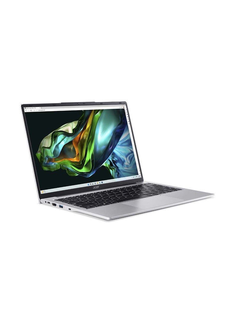 أيسر - لابتوب أسباير لايت AL14 بشاشة مقاس 14 بوصة ومعالج كور i3-N300 وذاكرة وصول عشوائي رام 8 جيجابايت ومحرك أقراص اس اس دي سعة 512 جيجابايت وبطاقة رسومات إنتل فائقة الوضوح ونظام تشغيل ويندوز 11 هوم الإنجليزية/العربية فضي - Image 1