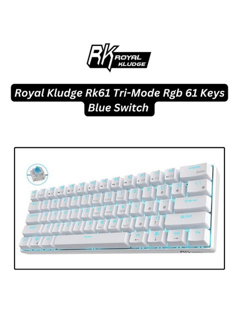 Royal Kludge Rk61 Tri-Mode RGB 61 Keys Hot Swappable White Mechanical Keyboard (Blue Switch)