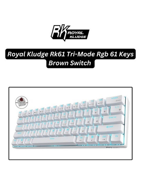 Royal Kludge Rk61 Tri-Mode RGB 61 Keys Hot Swappable White Mechanical Keyboard (Brown Switch)