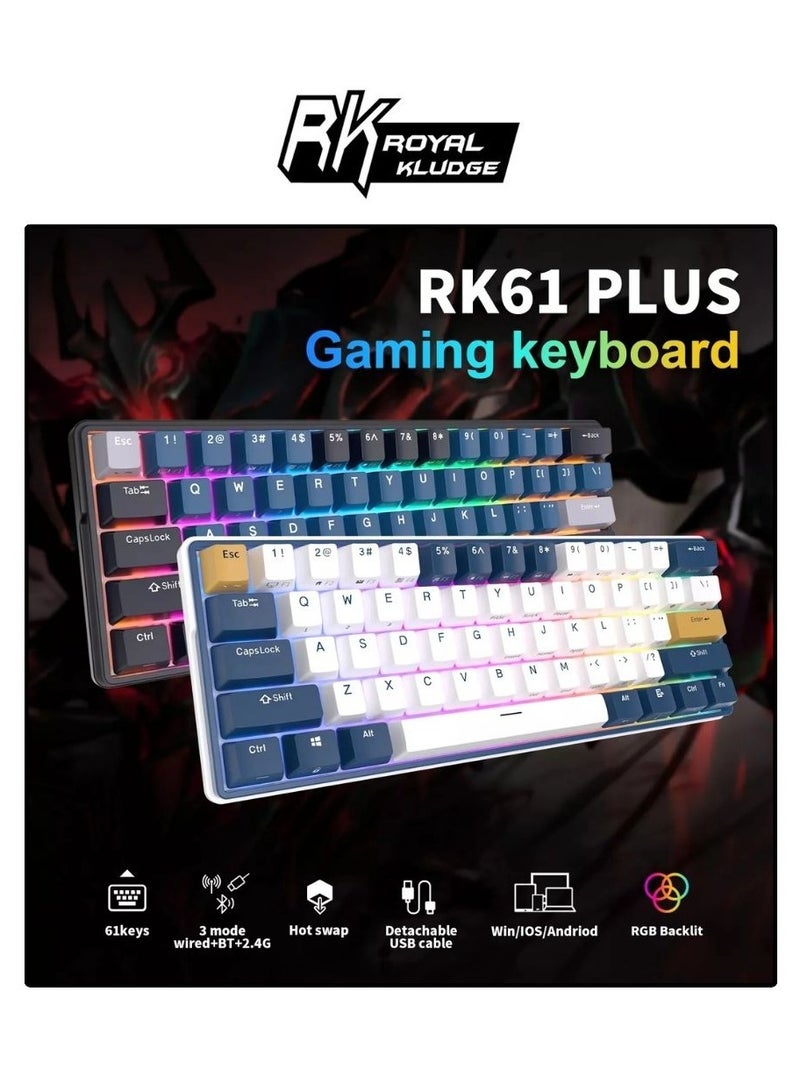 Royal Kludge - Royal Kludge RK61Plus Tri-Mode RGB 61 Keys Hot Swappable Mechanical Keyboard White (Blue Switch) - Image 1