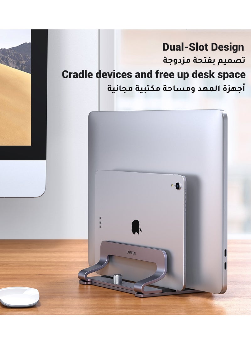 Ugreen - Vertical Laptop Holder 2 Slots, Laptop Stand for Desk with Adjustable Width, Office Desktop Tablet Mount Space Saving, Fit All MacBook/Microsoft Surface Up to 15.6 Inches Silver - Image 1
