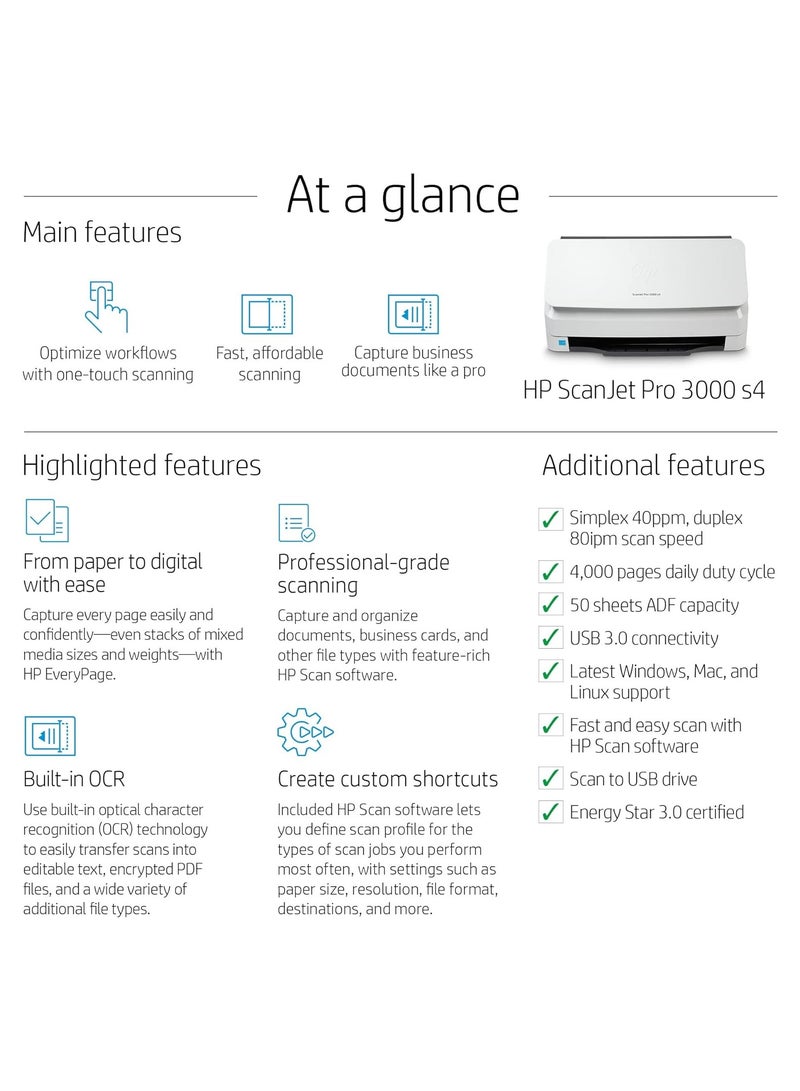 HP الماسح الضوئي لتغذية الورق Scanjet Pro 3000 S4 - 4000 صفحة في اليوم بمعدل 40 صفحة في الدقيقة / 80 صورة في الدقيقة - 6Fw07A - Image 3