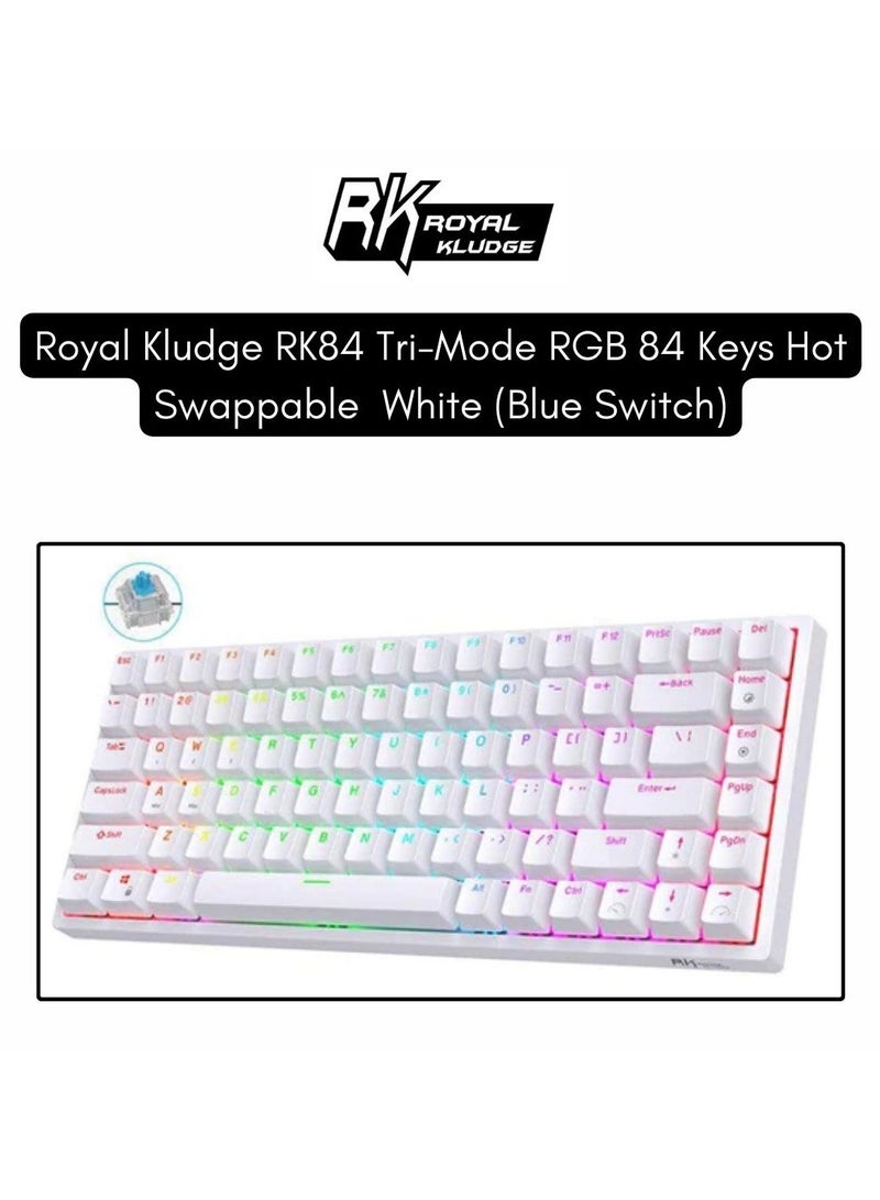 Royal Kludge RK84 Tri-Mode RGB 84 Keys Hot Swappable Mechanical Keyboard White (Blue Switch)