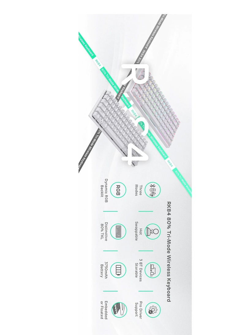 Royal Kludge RK84 Tri-Mode RGB 84 Keys Hot Swappable Mechanical Keyboard White (Blue Switch)