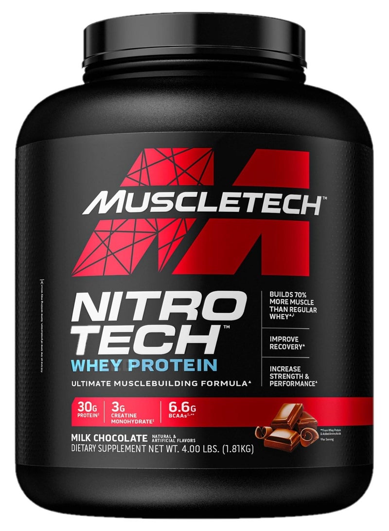 ماسل تيك NitroTech بروتين مصل الحليب، تركيبة مثالية لبناء العضلات، شوكولاتة الحليب، 4 رطل، 1.81 كجم - Image 1