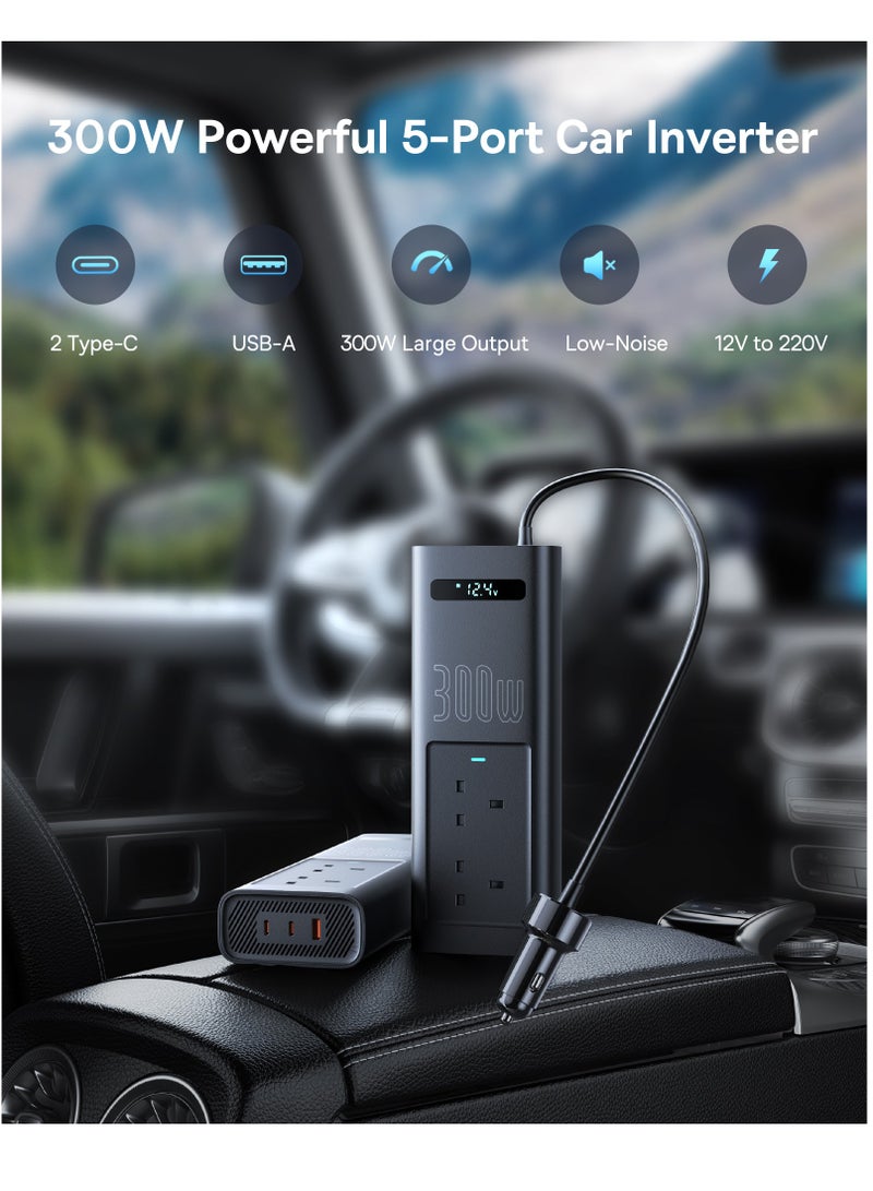 Baseus - 300W Car Power Inverter 12V DC To 220V AC Car Adapter For Vehicles, Car Converter With 1 USB QC3.0 Ports, 2* PD3.0 Port, 2* AC 220V Outlets Fast Charging For Laptop, Smart Phone And Small Appliances Black - Image 1