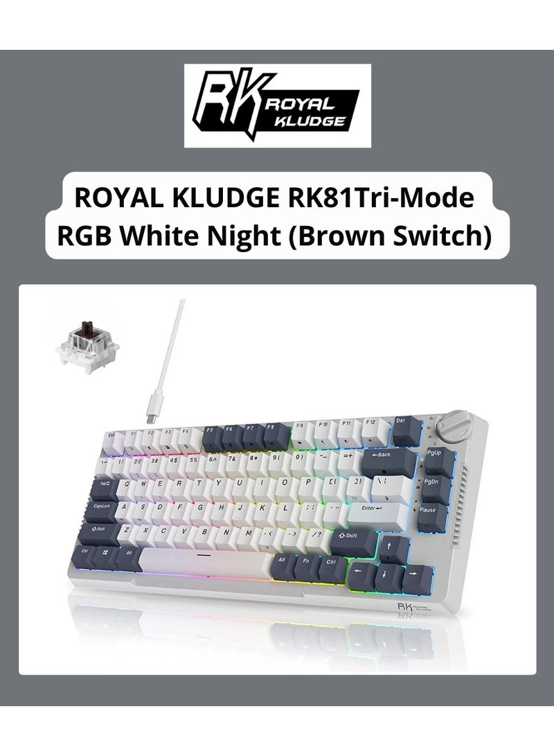 Royal Kludge - RK Royal Kludge RK H81 81 Keys Tri-Mode with Knob Control RGB Wireless Mechanical Keyboard White Night- Brown Switch - Image 1