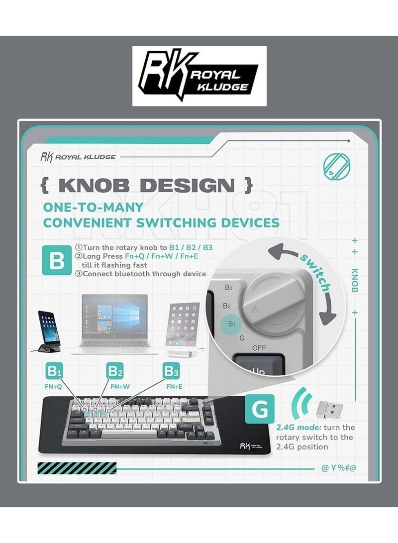 Royal Kludge - RK Royal Kludge RK H81 81 Keys Tri-Mode with Knob Control RGB Wireless Mechanical Keyboard White Night- Brown Switch - Image 1