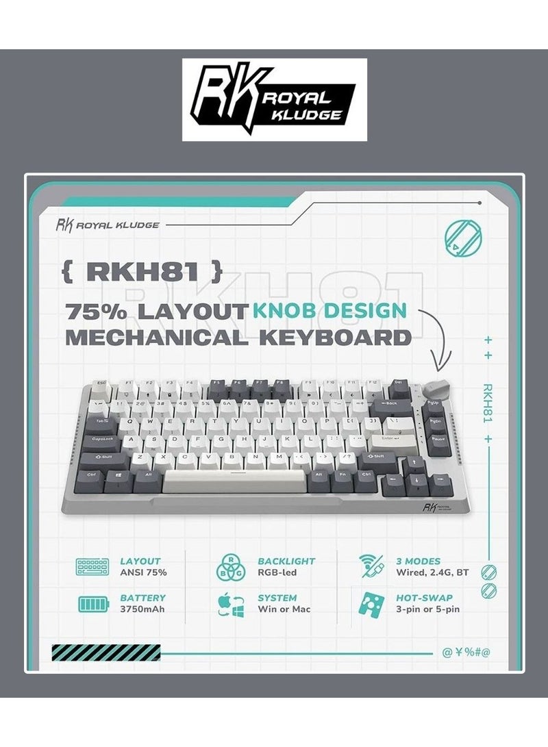 Royal Kludge - RK Royal Kludge RK H81 81 Keys Tri-Mode with Knob Control RGB Wireless Mechanical Keyboard White Night- Brown Switch - Image 1