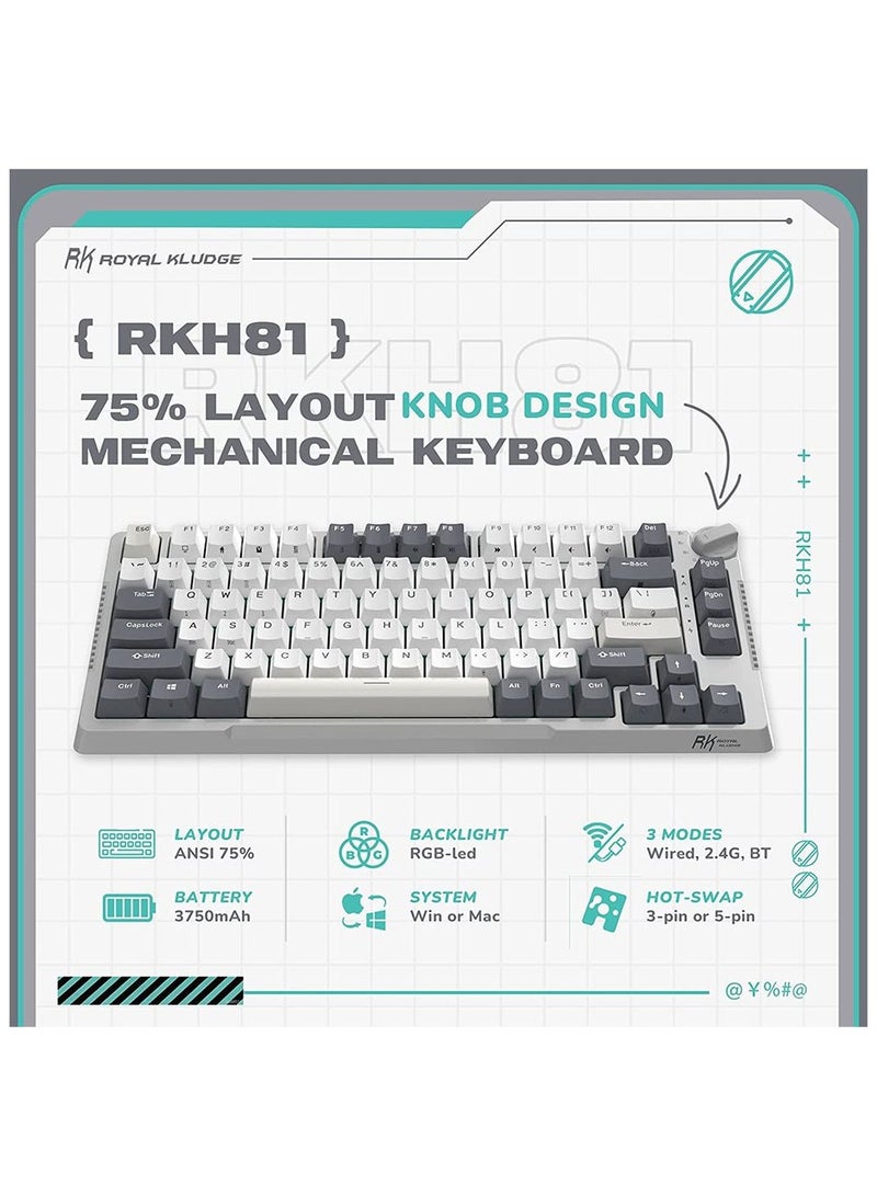 Royal Kludge - RK Royal Kludge RK H81 81 Keys Tri-Mode with Knob Control RGB Wireless Mechanical Keyboard White Night- Brown Switch - Image 1