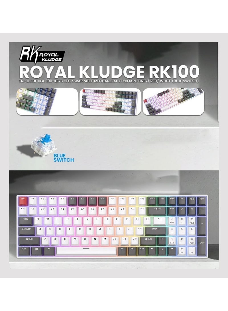 Royal Kludge - Royal Kludge RK100 Tri-Mode RGB 100 Keys Hot Swappable Mechanical Keyboard Grey/Red/White (Blue Switch) - Image 1