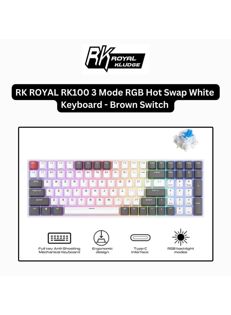 Royal Kludge - Royal Kludge RK100 Tri-Mode RGB 100 Keys Hot Swappable Mechanical Keyboard Grey/Red/White (Blue Switch) - Image 1