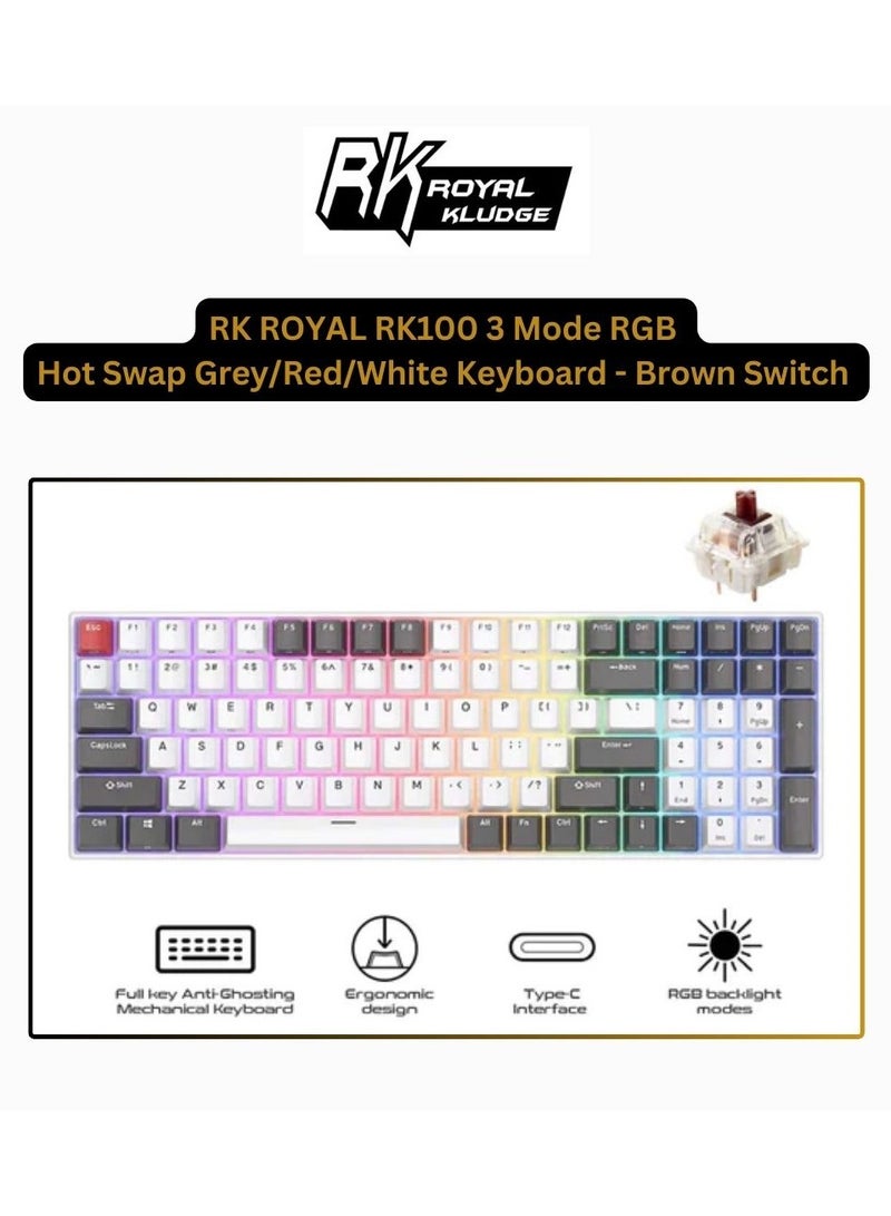 Royal Kludge - Royal Kludge RK100 Tri-Mode RGB 100 Keys Hot Swappable Mechanical Keyboard Grey/Red/White (Brown Switch) - Image 1